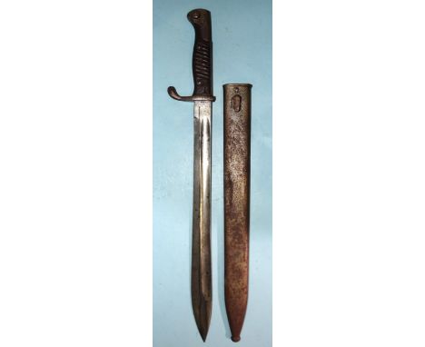 A WWI Imperial Germany army butcher bayonet in original steel scabbard, blade marked Demag, Duisburg, blade 37cm long. 