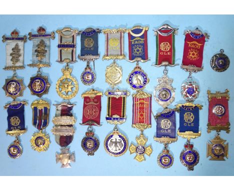 Masonic, a collection of RAOB breast jewels, silver-gilt and enamel breast jewels, some with gilt-metal-mounted ribbons, tota