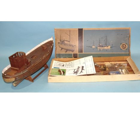 A partly-made Billing Boats VHT Denmark "Nordsøkutter", 1:30-scale boat with instructions, brass fittings and an Airfix Hawke