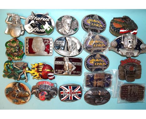 Twenty-one pewter buckles, some limited editions: James Dean, Beatles, Marilyn Monroe, Star Trek, etc, (21). 