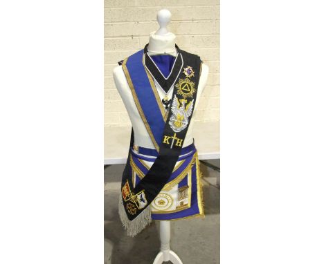 A collection of Masonic regalia, including a Past Provincial Assistant Grand Chaplain, Rose Croix, 30th degree sash and colla