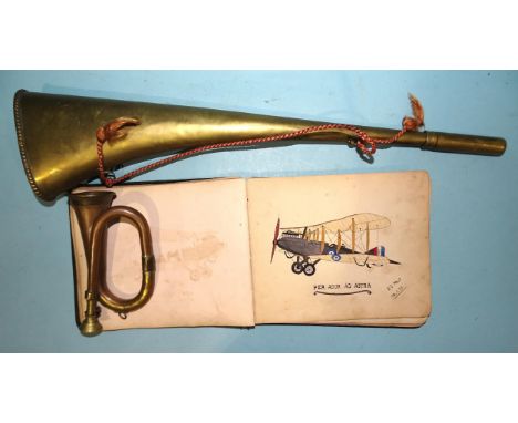A 1920's album of watercolours, drawings, verse, etc, a brass and copper miniature bugle, 13.5cm and a horn, 46cm, (3). 