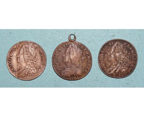 Three George II sixpences: 1745 "Lima" below bust (with pendant hoop attached), 1750 and 1757, (3). 