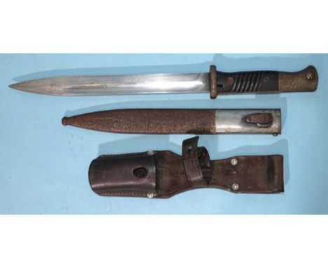 A WWII German K98 bayonet by GBR Heller 1939, in scabbard and leather belt mount, no.8356, 25cm blade, in good condition, (so