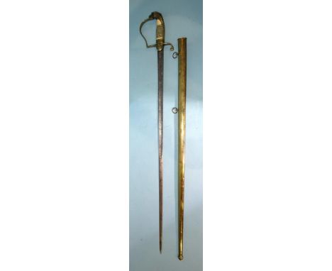 An American officer's sword, the 75cm blade engraved with devices, canon and lances, the brass guard with eagle pommel, knuck