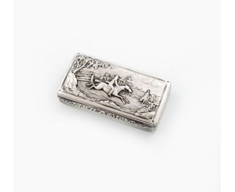 A William IV silver snuff box, by Joseph Willmore, Birmingham 1835, rectangular form, the hinged cover embossed with a huntin