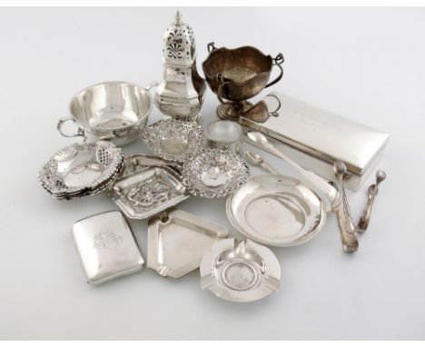 A mixed lot of silver items, various dates and makers, comprising: a cigarette box, a sugar caster, Chester 1913, a three han