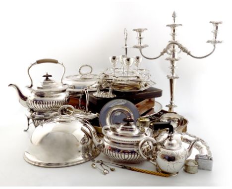 A mixed lot of Old Sheffield plated and electroplated items, comprising: an oval tray, the centre with an armorial, plus a sa