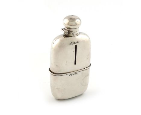 A silver hip flask, by Elkington and Co, Birmingham 1913, rounded rectangular form, pull-off drinking cup, bayonet fitting hi