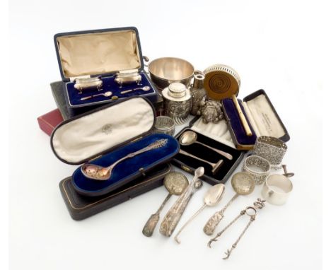 A mixed lot: comprising: a Swan Fountain pen, marked 18K, by Mabie, Todd and Co Ltd, in a fitted case, plus silver items: a t