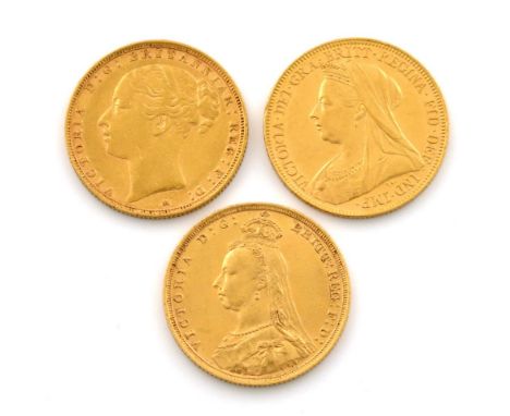 Victoria, Sovereigns, 1886 M, young head, St. George; 1890 S, Jubilee head; 1900 S, old head.  Very fine.   (3)