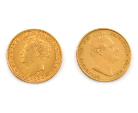 George IV, Sovereign, 1830, bare head left, rev., crowned shield of arms (S. 3801); William IV, Sovereign, 1832 (S. 3829B).  