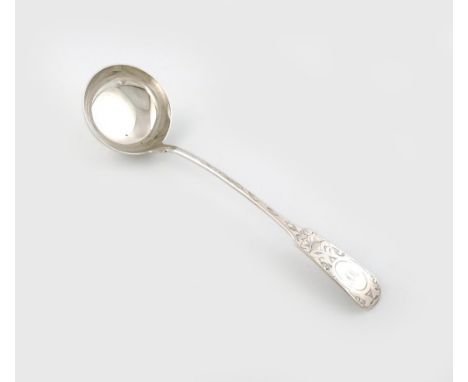 A 19th century Scottish Fiddle pattern silver soup ladle, by Muirhead & Arthur, Glasgow 1862, with engraved decoration, initi