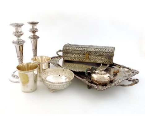 A mixed lot, comprising metalware items: a circular plate, foliate border, and a bowl of circular form, plus a pair of old Sh