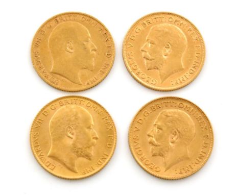 Edward VII and George V, gold Half-Sovereigns (4), 1908, 1909, 1912 (2).  First fine others very fine.   (4)