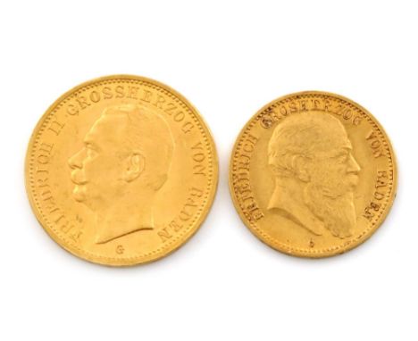Germany, Empire, Baden, Friedrich I, 10-Marks, 1903 G; Friedrich II, 20-Marks, 1914 G (F 3758, 3760).  Very fine and better. 