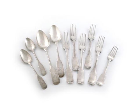 A mixed lot of Irish silver flatware, comprising: a set of five George III Fiddle pattern table forks, by Samuel Neville, Dub