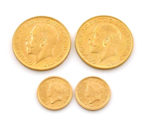 George V, gold Sovereigns (2) 1913, 1913 M; unofficial reproduction US Dollars (2), 1853.  Very fine.   (4)