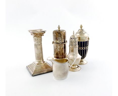 A mixed lot of silver items, various dates and makers, comprising: a late-Victorian silver sugar caster of lighthouse form, B