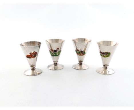 A set of four electroplated hunting beakers, by James Dixon and Sons, tapering circular form, on raised circular bases, paint