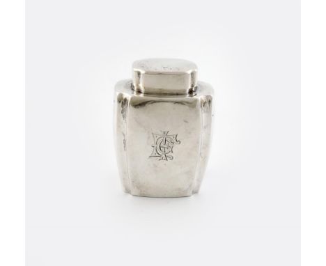 A Victorian silver tea caddy, by Joseph Braham, London 1895, shaped tapering rectangular form, pull-off cover, engraved with 