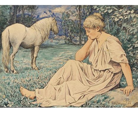 Hans Thoma    1839 Bernau - 1924 Karlsruhe Schimmel und Sitzende. 1891. Aquarell und Tusche. Rechts unten monogrammiert (in L