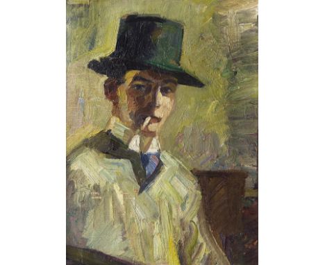 Hermann Stenner    1891 Bielefeld - 1914 Ilow (Polen) Selbstbildnis mit hohem Hut und Zigarette. 1910. Öl auf Malkarton. 49 x