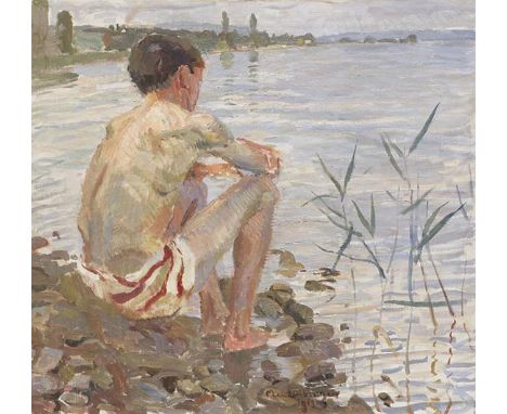 Christian Landenberger     1862 Ebingen - 1927 Stuttgart Badender Knabe (Dingelsdorf). 1913. Öl auf Leinwand.  Am unteren Ran