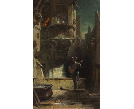 Carl Spitzweg     1808 München - 1885 München Das Ständchen. Um 1875. Öl auf Holz.  Verso mit dem handschriftlichen Besitzerv