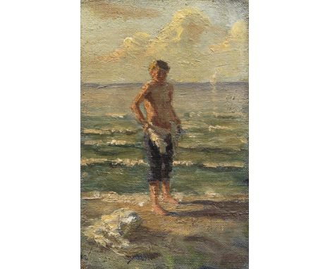 Christian Landenberger     1862 Ebingen - 1927 Stuttgart Knabe am See. 1911. Öl auf Papier, kaschiert auf Leinwand.  21,5 x 1