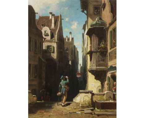 Carl Spitzweg     1808 München - 1885 München Der Postbote. Um 1860. Öl auf Holz.  Links unten mit der Signaturparaphe. 27,2 