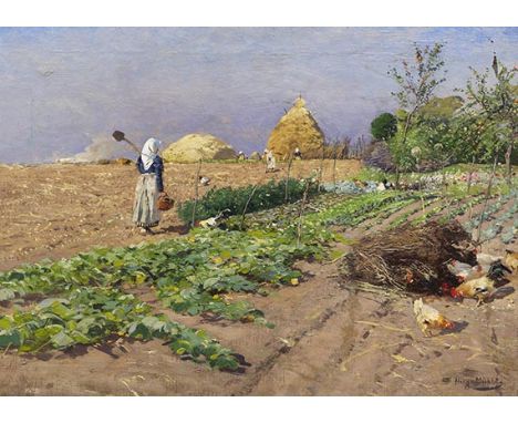 Hugo Mühlig     1854 Dresden - 1929 Düsseldorf Arbeit auf dem Feld. Um 1898. Öl auf Leinwand.  Rechts unten signiert. Verso a