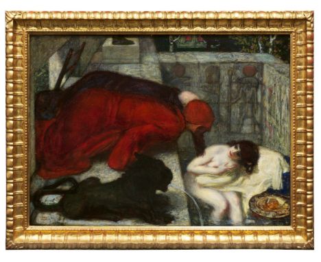 Franz von Stuck    1863 Tettenweis - 1928 München Susanna im Bade. 1896. Öl auf Holz. Links unten signiert. Verso auf der Taf