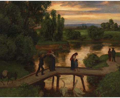 Hans Thoma     1839 Bernau - 1924 Karlsruhe Die Brücke (Sommerabend). 1892. Öl auf Holz.  Rechts unten monogrammiert (in Liga