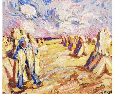 Peter August Böckstiegel    1889 Arrode/Westfalen - 1951 Arrode/Westfalen Erntefeld (verso: Weiden am Bach). Um 1912. Öl auf 