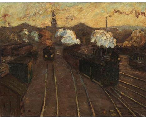 Hermann Pleuer    1863 Schwäbisch Gmünd - 1911 Stuttgart Vor den Einfahrtshallen des Alten Stuttgarter Bahnhofs. 1909. Öl auf