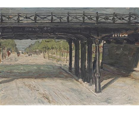 Otto Dix     1891 Gera - 1969 Singen Brücke in Dresden. Um 1911/12. Öl auf Leinwand, auf Malpappe aufgezogen.  Rechts unten s