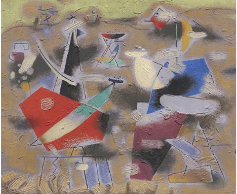 Willi Baumeister     1889 Stuttgart - 1955 Stuttgart Ländliche Komposition (Violettes Bild). 1948. Öl, Kunstharz und Spachtel