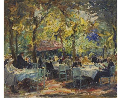 Otto Pippel     1878 Lódz - 1960 München Kaffeegarten in München. Um 1910/20. Öl auf Leinwand.  Rechts unten signiert. Verso 