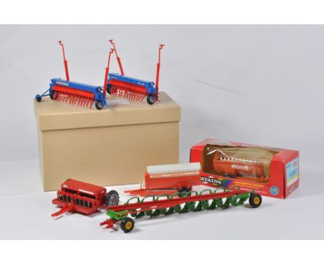 Britains Farm 1/32 Tractor Implement Selection including Manure Spreader x 2, MF130 Drill, Kverneland Plough and Nordsten See