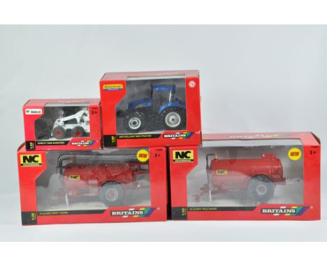 Britains Farm 1/32 Tractor Implement Selection including NC Tanker x 2, NHT6070 plus Bobcat Skid Steer. M in E Boxes. (4)