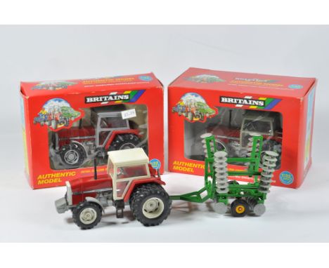 Britains Farm 1/32 Tractor Implement Selection including Massey Ferguson 3680 on duals with Disc Harrow, 3680 plus 3680 with 