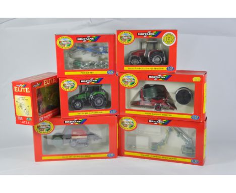 Britains Farm 1/32 Tractor Implement Selection including Plough Set, MF6140 Tractor, Deutz 4.57, Bale Wrapper, Vicon Baler, S