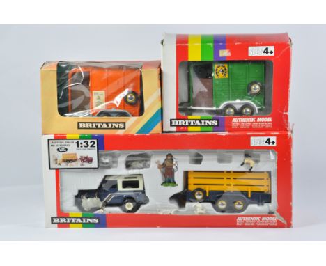 Britains Farm 1/32 Tractor Implement Selection including Land Rover and Animal Trailer Set plus Horse Box x 2. M in F to G Bo