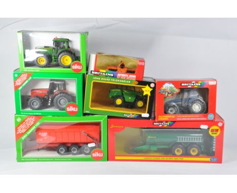Britains and Siku Farm 1/32 Tractor Implement Selection. All E in boxes. (7)