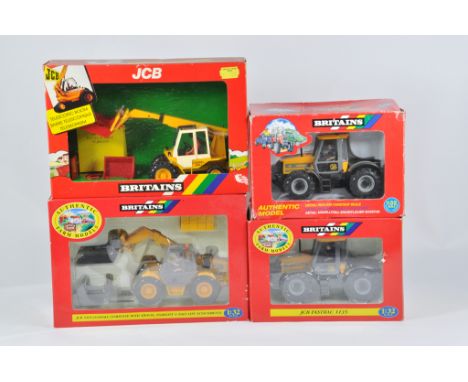Britains Farm 1/32 Tractor Implement Selection including JCB Fastrac 1135 x 2 plus JCB loadall x 2. M in E Boxes. (4)