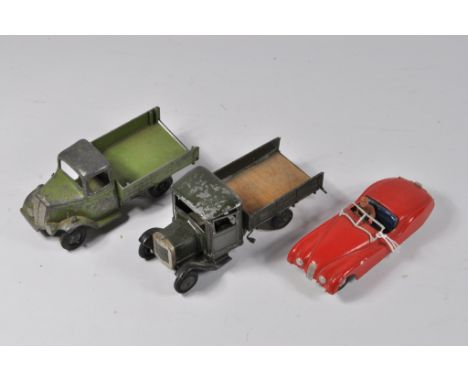 Duo of Unboxed Vintage Brtains Farm Lorrys plus Tin Plate Racing Car. F to VG. (3)