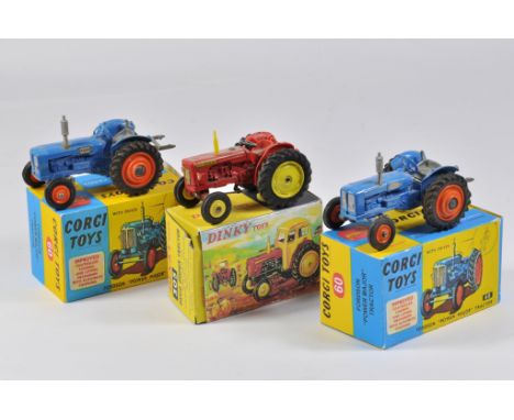 Corgi Toys No. 66 Fordson Power Major x 2. Both Generally E to NM (require dusting) in Repro boxes. Plus Dinky No. 305 David 