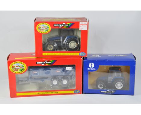 Britains Farm 1/32 Tractor Implement Selection including New Holland TM135, Marston Trailer plus NH TL80. All E in boxes. (3)