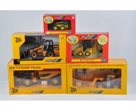 Britains Farm 1/32 Tractor Implement Selection including JCB 718 Dump Truck, JCB 526 Loadall, JCB 1CX Skid Steer, JCB TM310 L